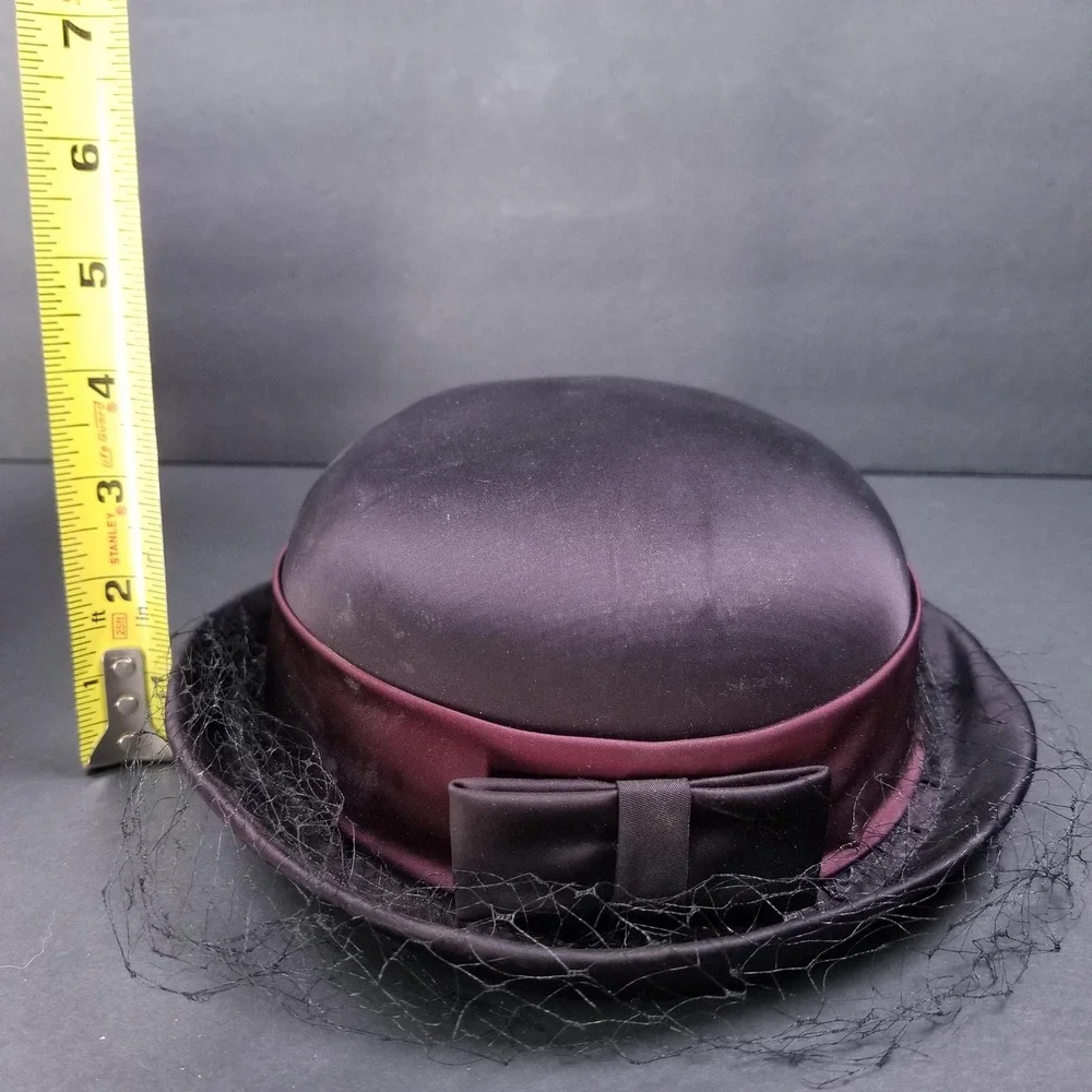 Vintage Karen‎ Lynn Exclusive Satin Pillbox Hat Purple Black Birdcage Veil Bow